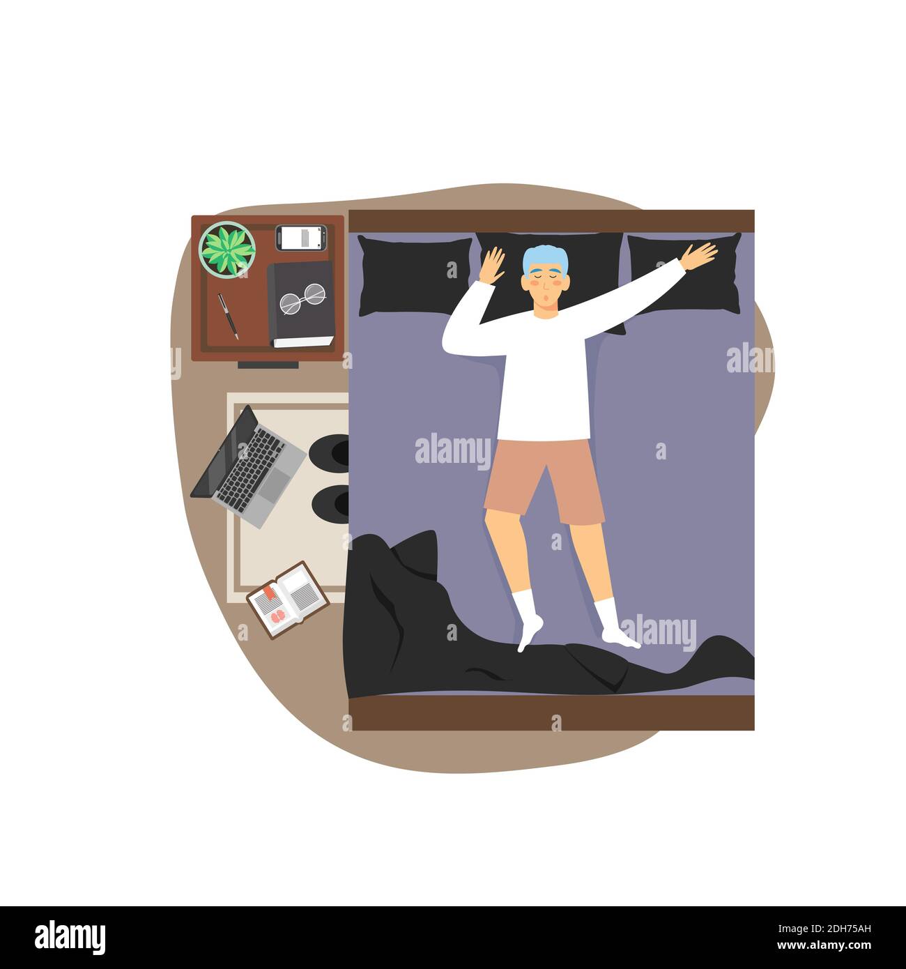 Daily life. Young man waking up in the morning, flat vector illustration. Stock Vector