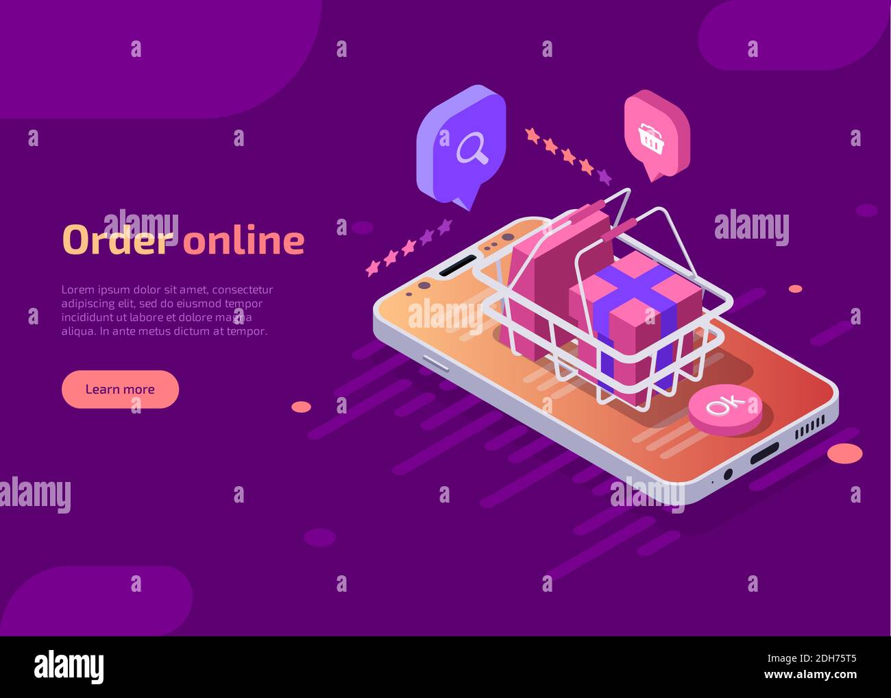 Order online shopping concept. Isometric vector of ecommerce store with shopping basket with handles, gift box and package on mobile phone screen. App by smartphone, landing page template, web banner. Stock Vector