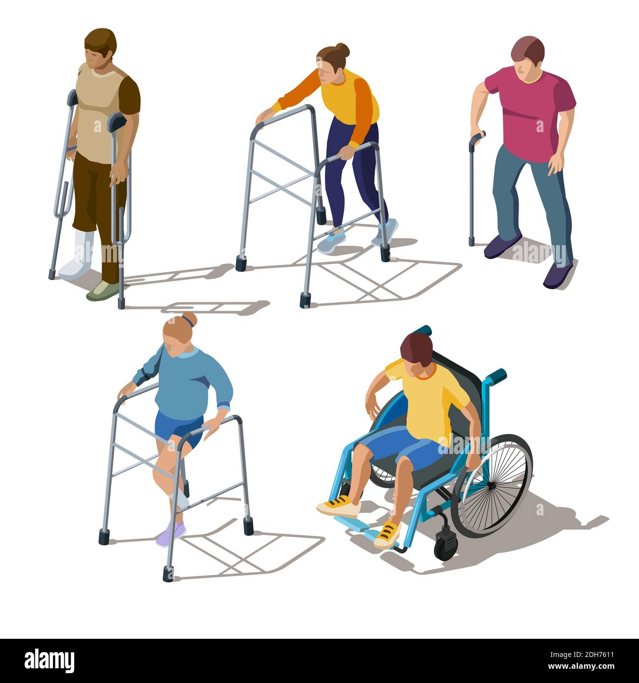 Isometric people with leg injuries, bone breaks or cracks, fracture of foot, orthopedic problems. Characters on crutches, walker, in wheelchair, with stick. Rehabilitation of musculoskeletal disorders Stock Vector