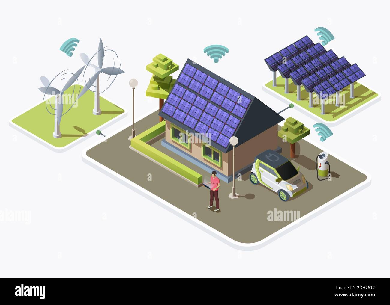 Electric car, smart house connected to alternative energy sources produced by wind turbines and solar panels. Smart grid concept design. Flat isometric vector illustration isolated on white background Stock Vector
