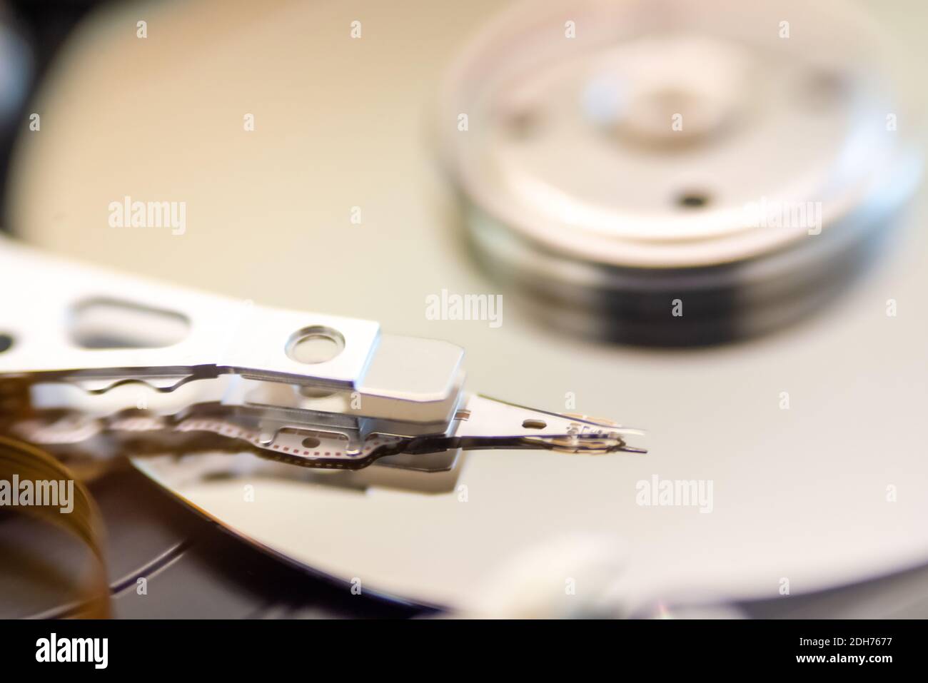 Internal moving parts and electronics of a typical disc hard drive Stock Photo