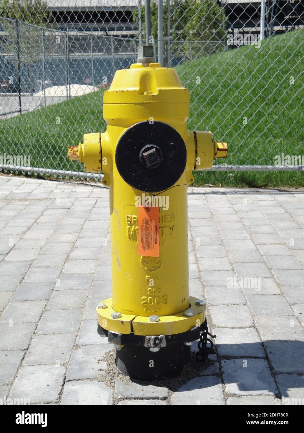 A fire hydrant in Toronto, Canada with a maintenance tag Stock Photo