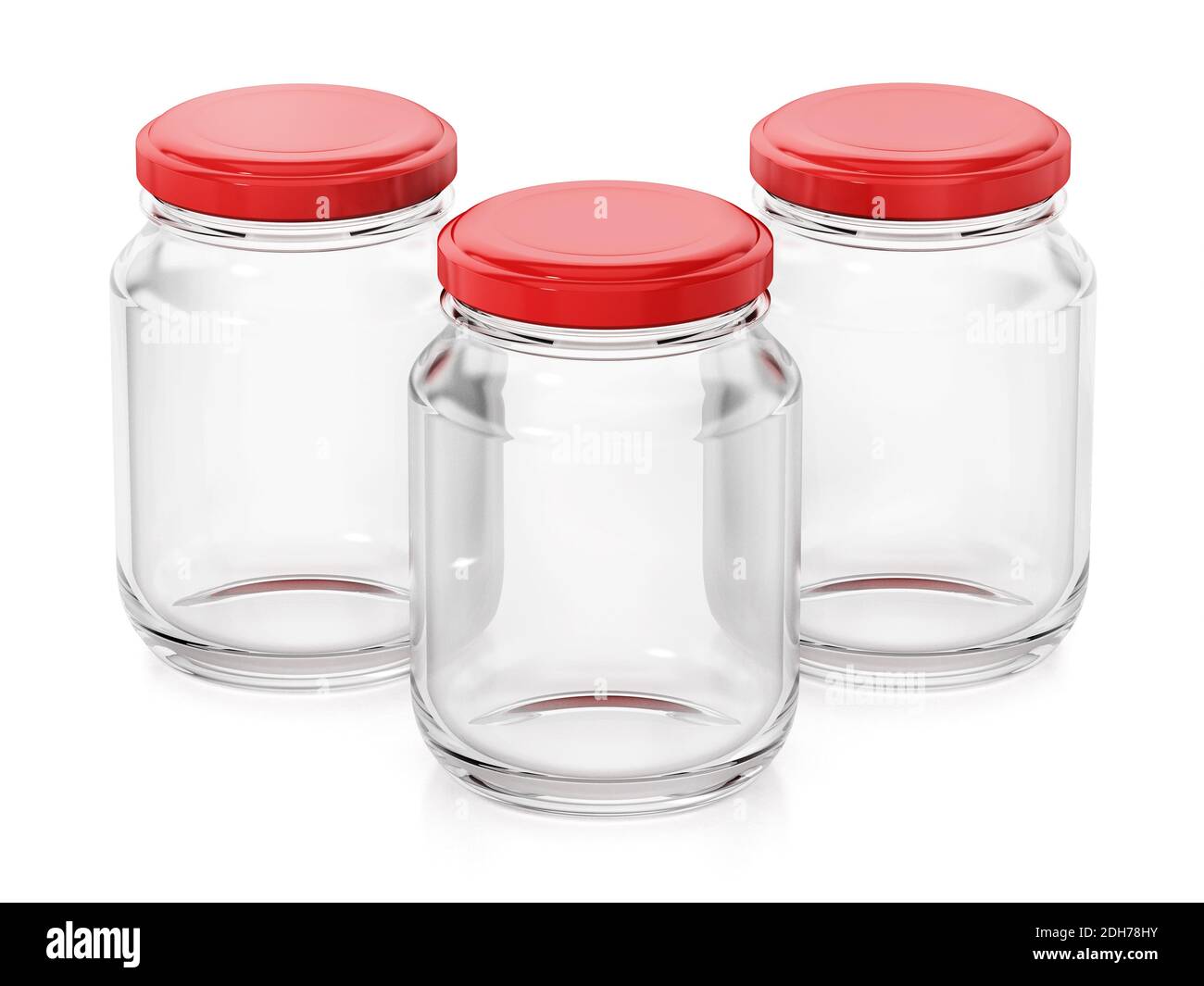 Empty glass jars with red lids isolated on white background. 3D
