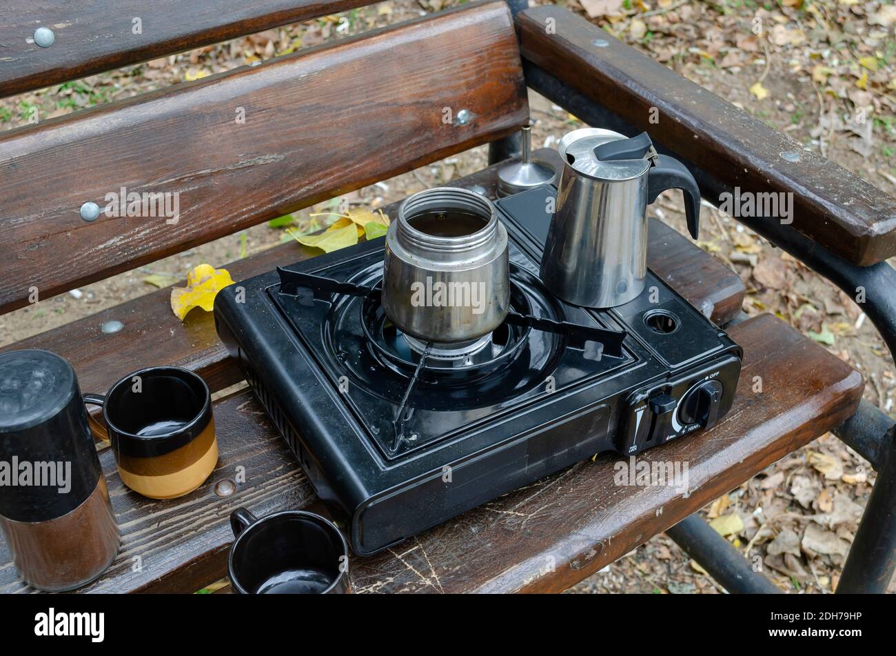 Process of making camping coffee outdoor with metal geyser coffee maker on  a gas burner, step by step. Travel activity for relaxing, bushcraft, advent  Stock Photo - Alamy
