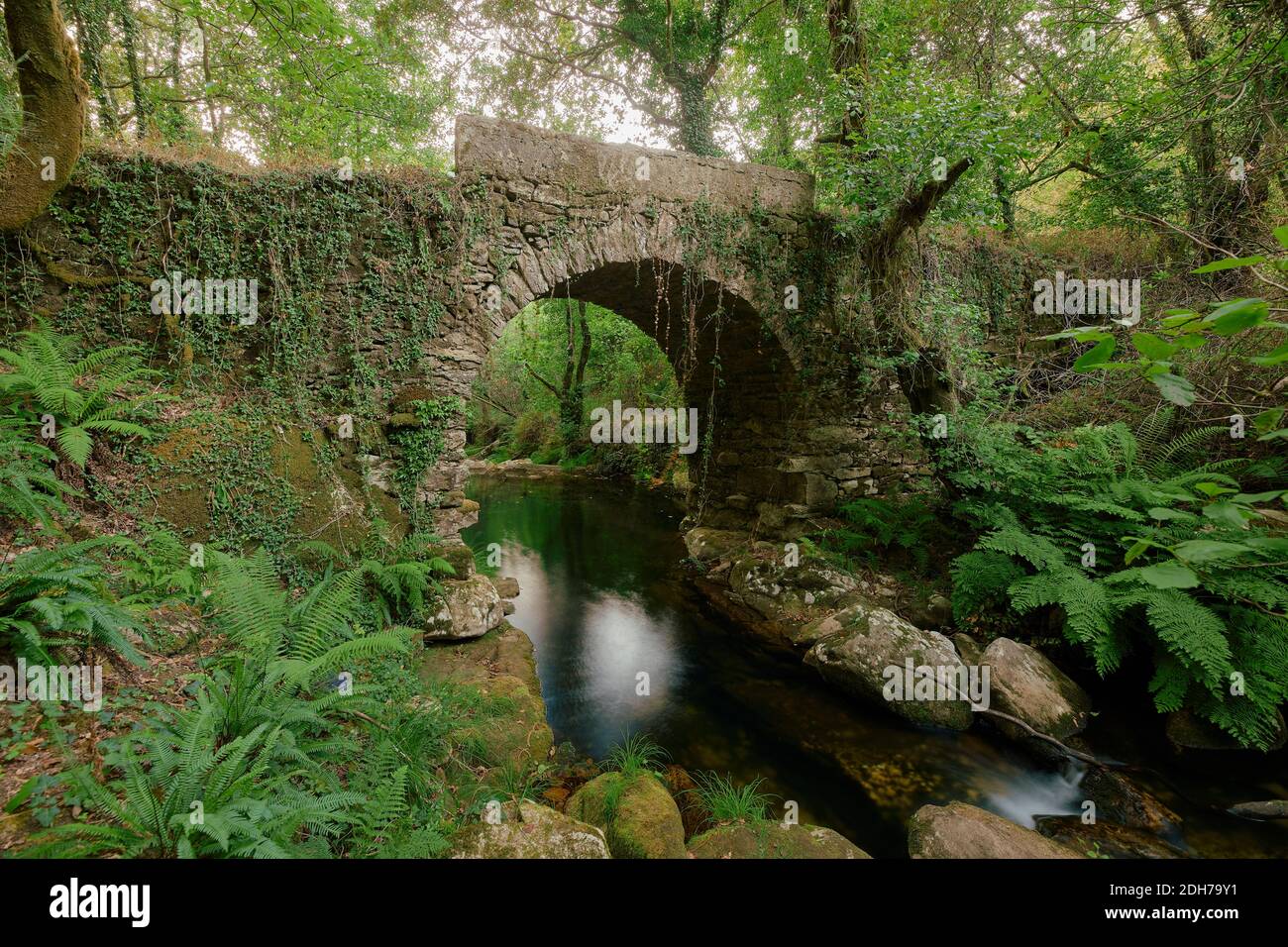 An old stone bridge over a beautiful river running through a lush ...