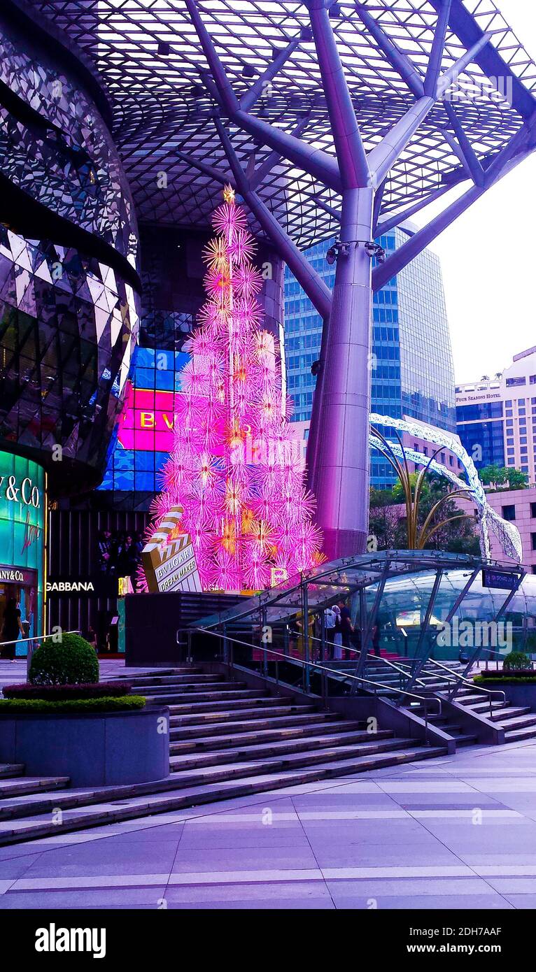 SINGAPORE, SINGAPORE - Nov 11, 2019: An electric Christmas tree in pink ...