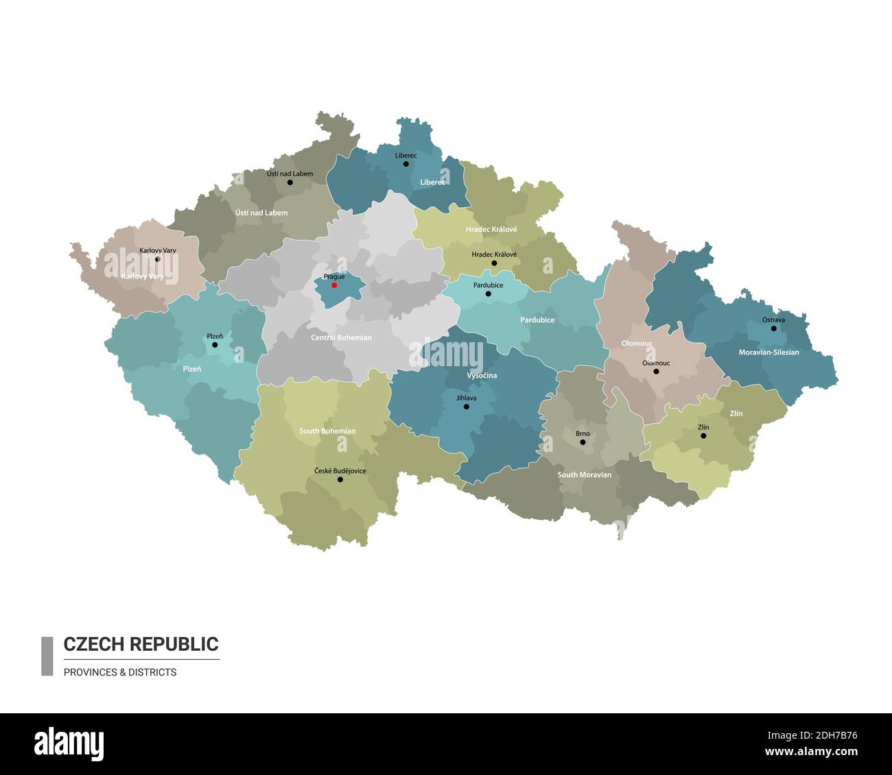 Czech Republic higt detailed map with subdivisions. Administrative map of Czech Republic with districts and cities name, colored by states and adminis Stock Vector