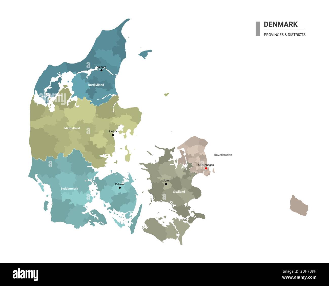 Denmark higt detailed map with subdivisions. Administrative map of Denmark with districts and cities name, colored by states and administrative distri Stock Vector