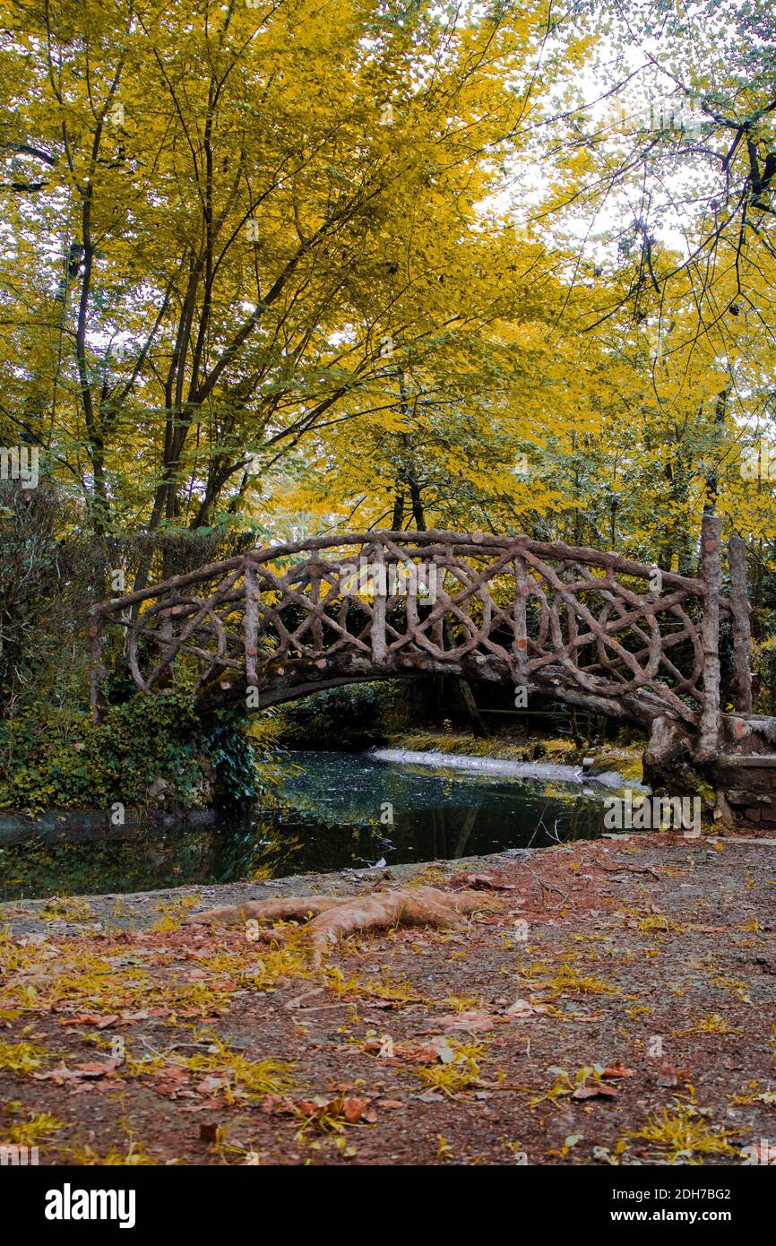 Precioso puente de madera entre la naturaleza en el Pac nou de Olot Stock Photo