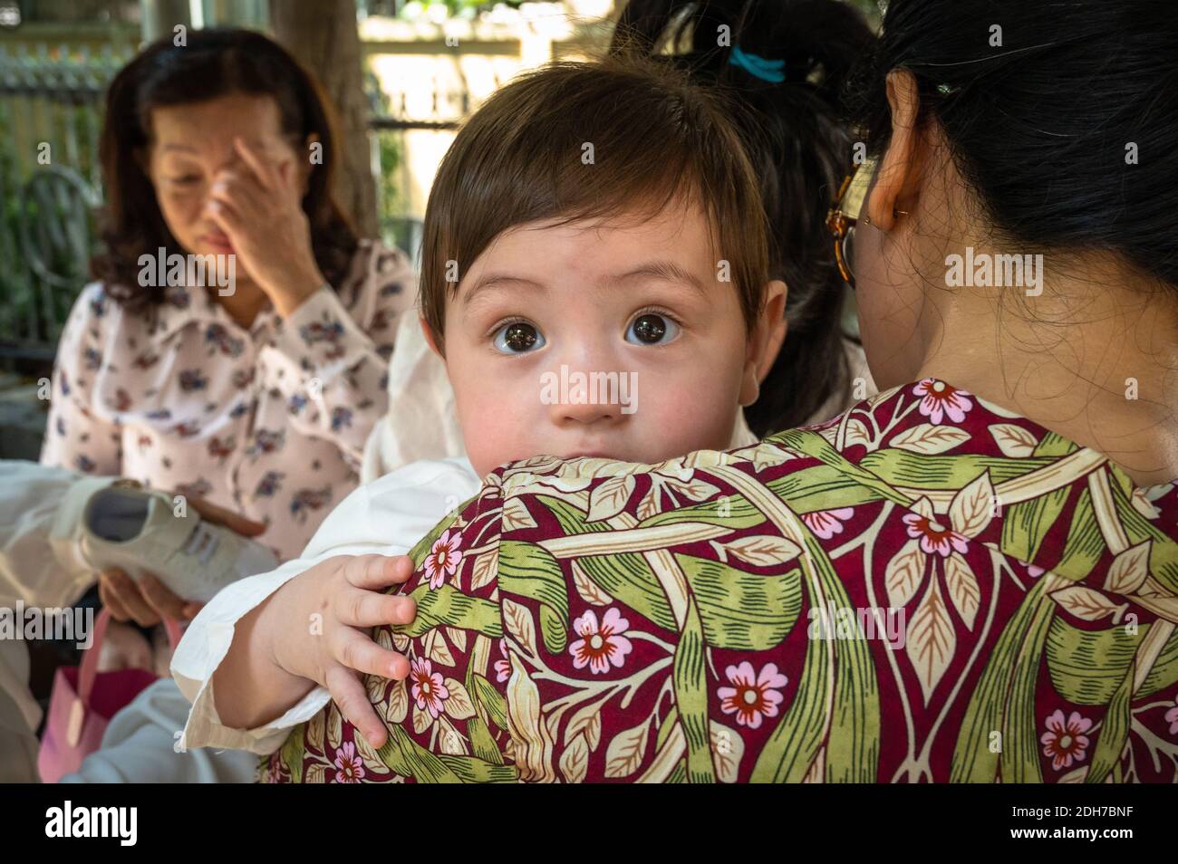 Portrait of a Eurasian Vietnamese baby boy and his Vietnamese relatives