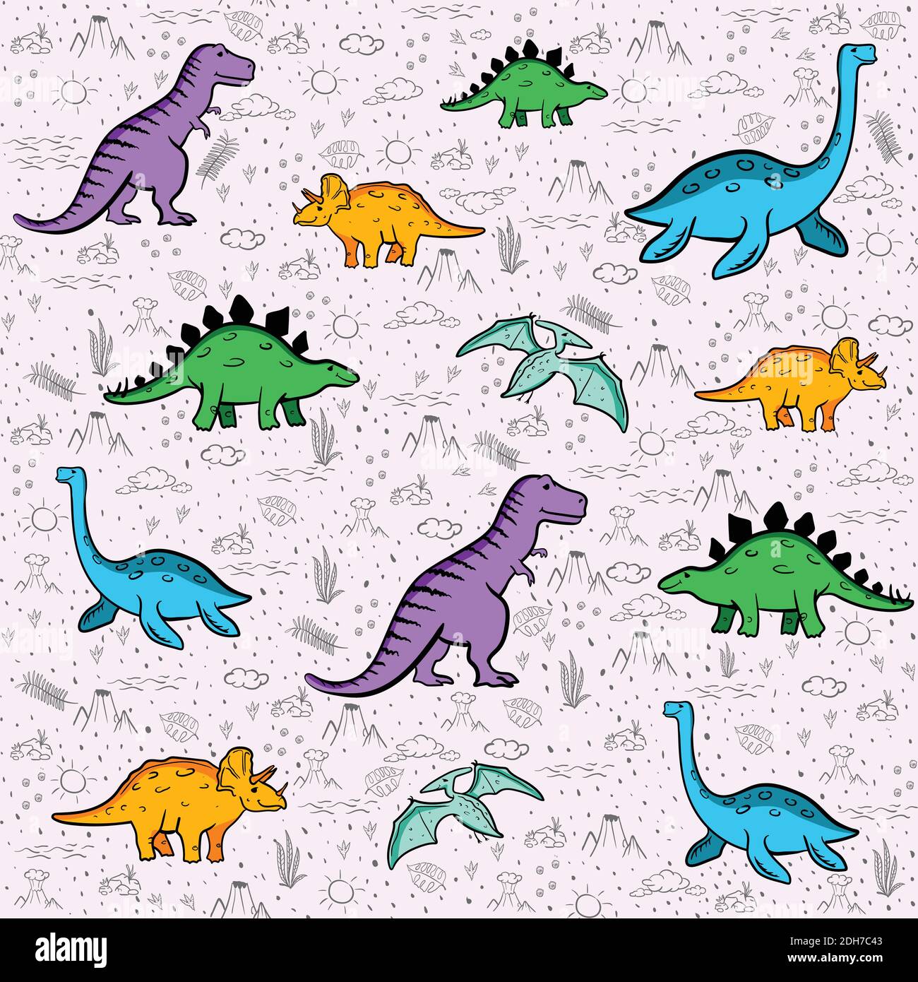 Cute dinosaurs seamless pattern. Funny cartoon dino. Hand drawn vector ...