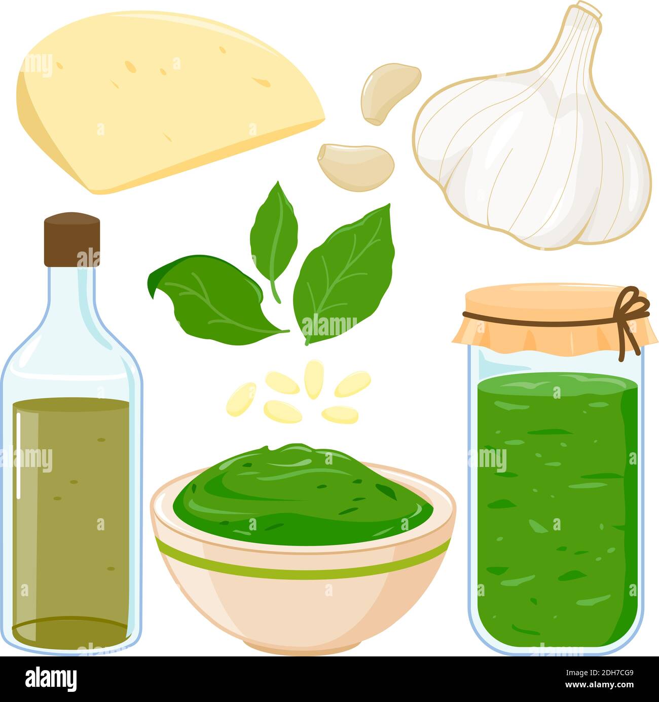 Ingredients for traditional Italian pesto sauce, bowl and jar of pesto dip. Vector illustration Stock Vector