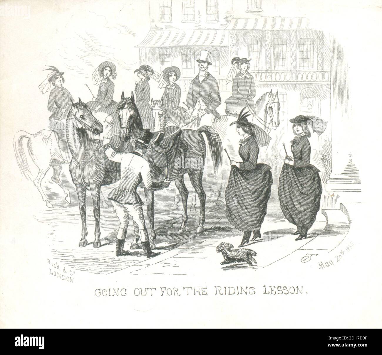 Pictorial writing paper showing a group of young ladies Going Out for the Riding Lesson 1855 by artist Thomas Onwyn Stock Photo