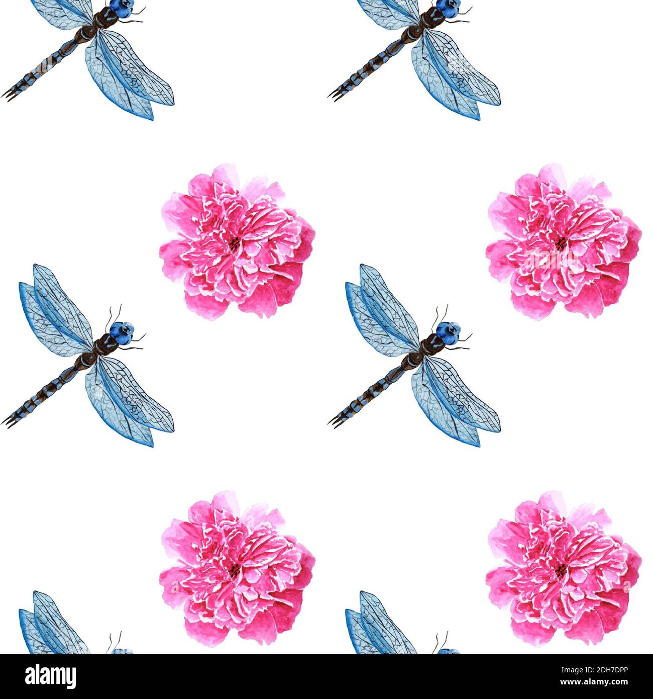 pattern of blue dragonflies with peonies on a white background in ...