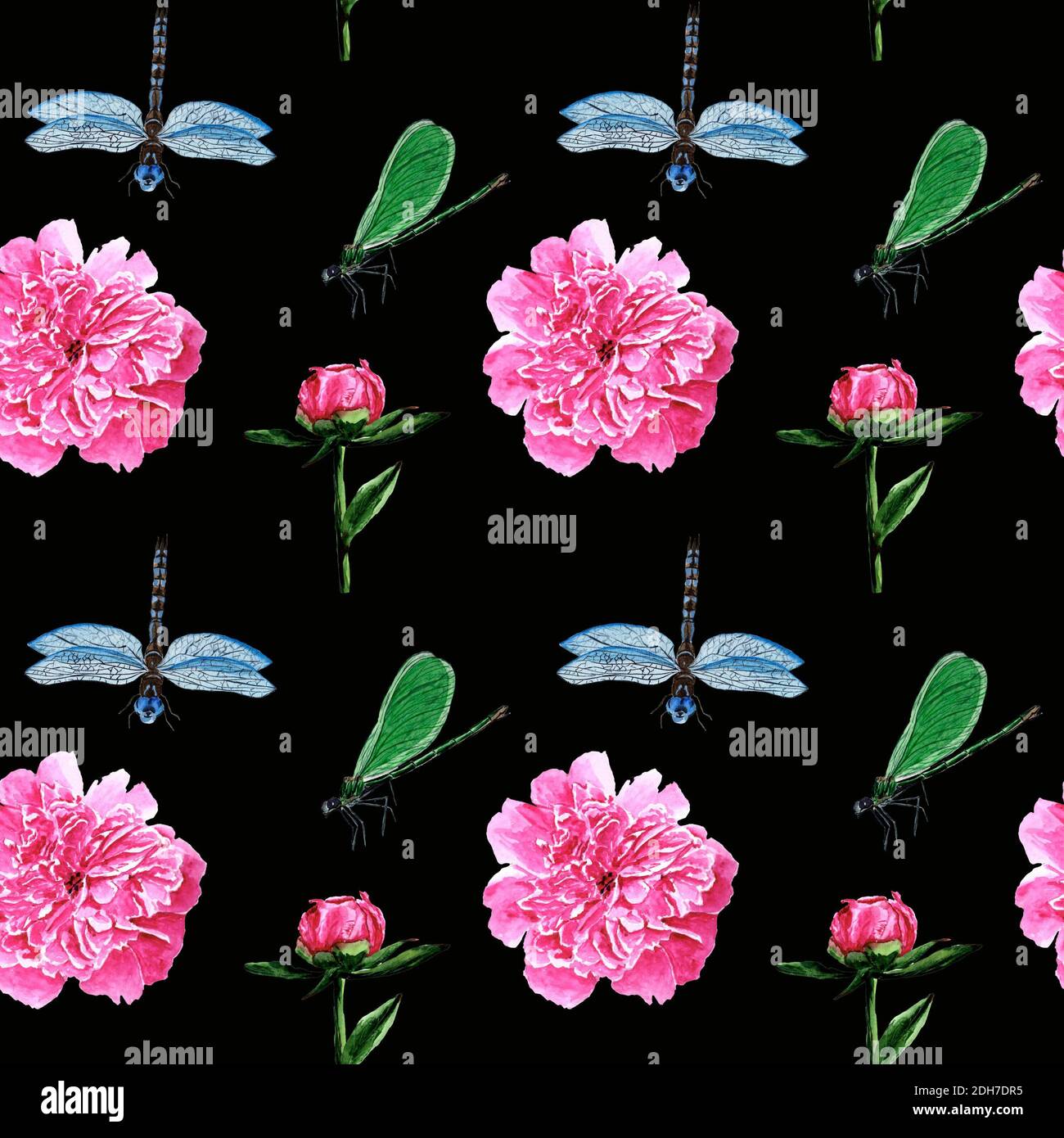 pattern of blue dragonflies and green dragonflies with peonies on a ...