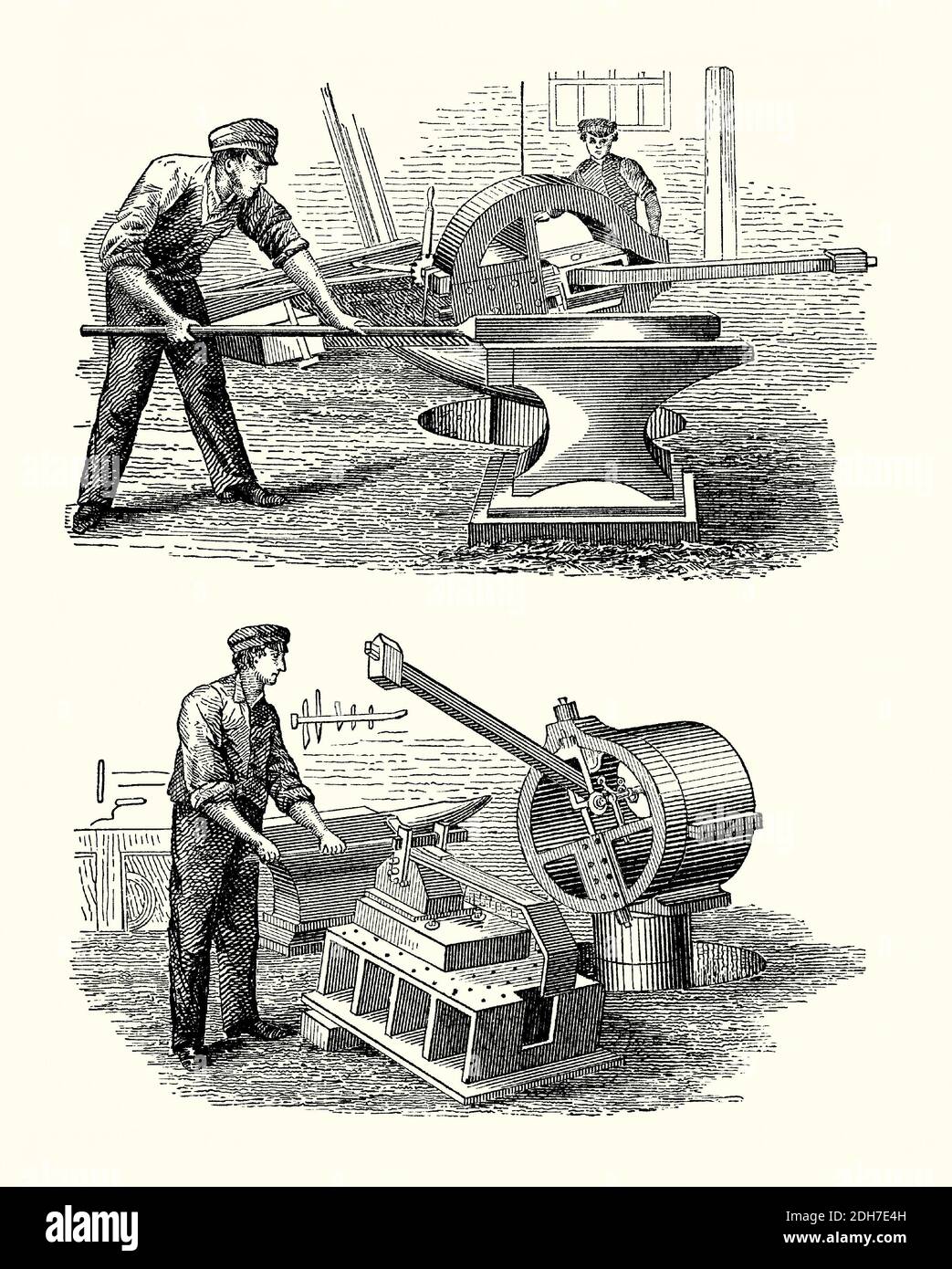 An old engraving of a striker, a trip hammer powered directly from an engine used in an iron foundry in the 1800s. It is from a Victorian mechanical engineering book of the 1880s. A trip hammer (tilt hammer or helve hammer) is a massive powered hammer. In forges and foundries they were used for drawing out wrought iron blooms into more workable bar iron, fabricating wrought iron and other metals. The hammers were usually raised by a cam and then released to fall under the force of gravity. They could be adjusted to allow a strike from various angles. Stock Photo