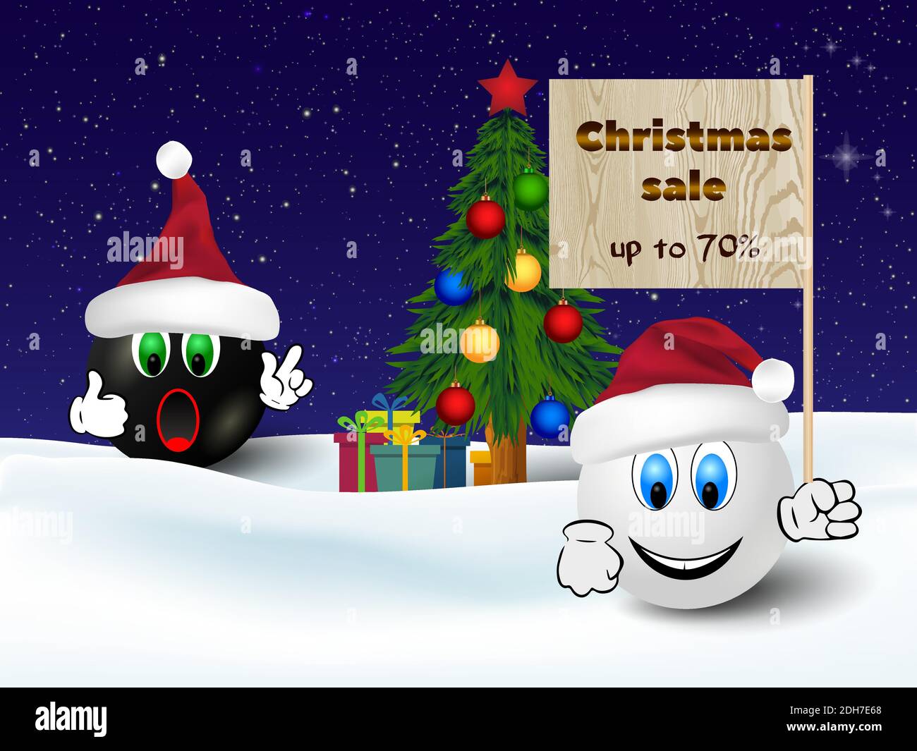 Christmas sale discount banner, shopping poster with two funny