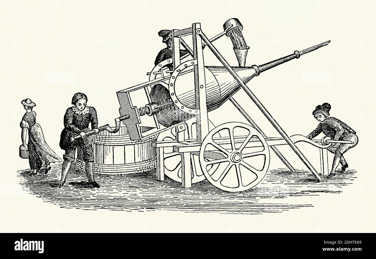 An old engraving of syringe engine used in fighting fires in the 16th century. It is from a Victorian book of the 1880s. This mobile device was filled with water – here with a scoop from a barrel. It fired the water through a nozzle – the jet would not be at any great pressure. A squirt or fire syringe is a firefighting pump – hand squirts and hand pumps were in use as early as the 2nd century BC. The fire pump was reinvented in Europe in the 1500s and 1600s. A syringe is a simple reciprocating pump consisting of a plunger or piston that fits tightly within a cylindrical tube or barrel. Stock Photo