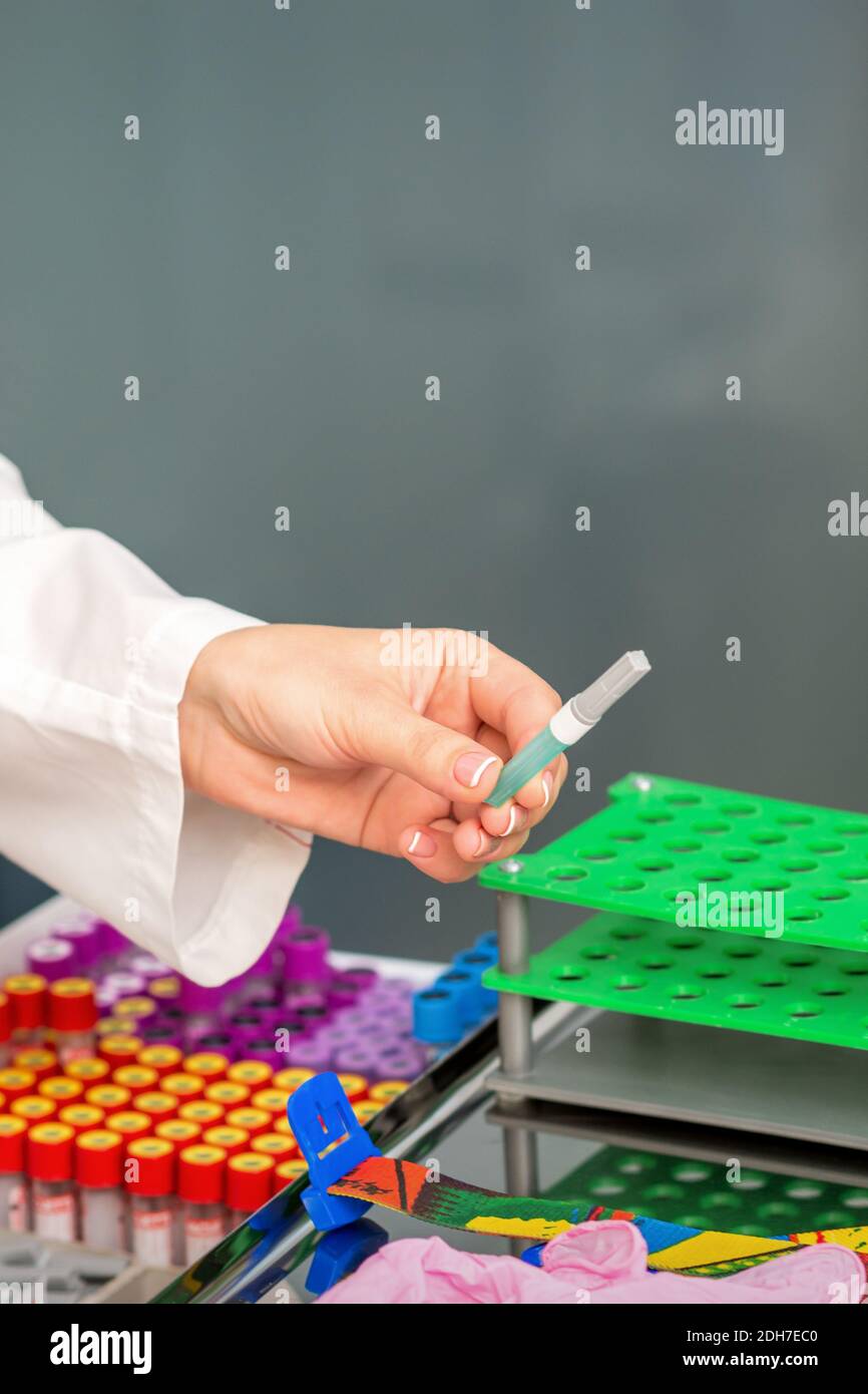 Female doctor's hands prepare tools for blood sampling in the lab Stock Photo