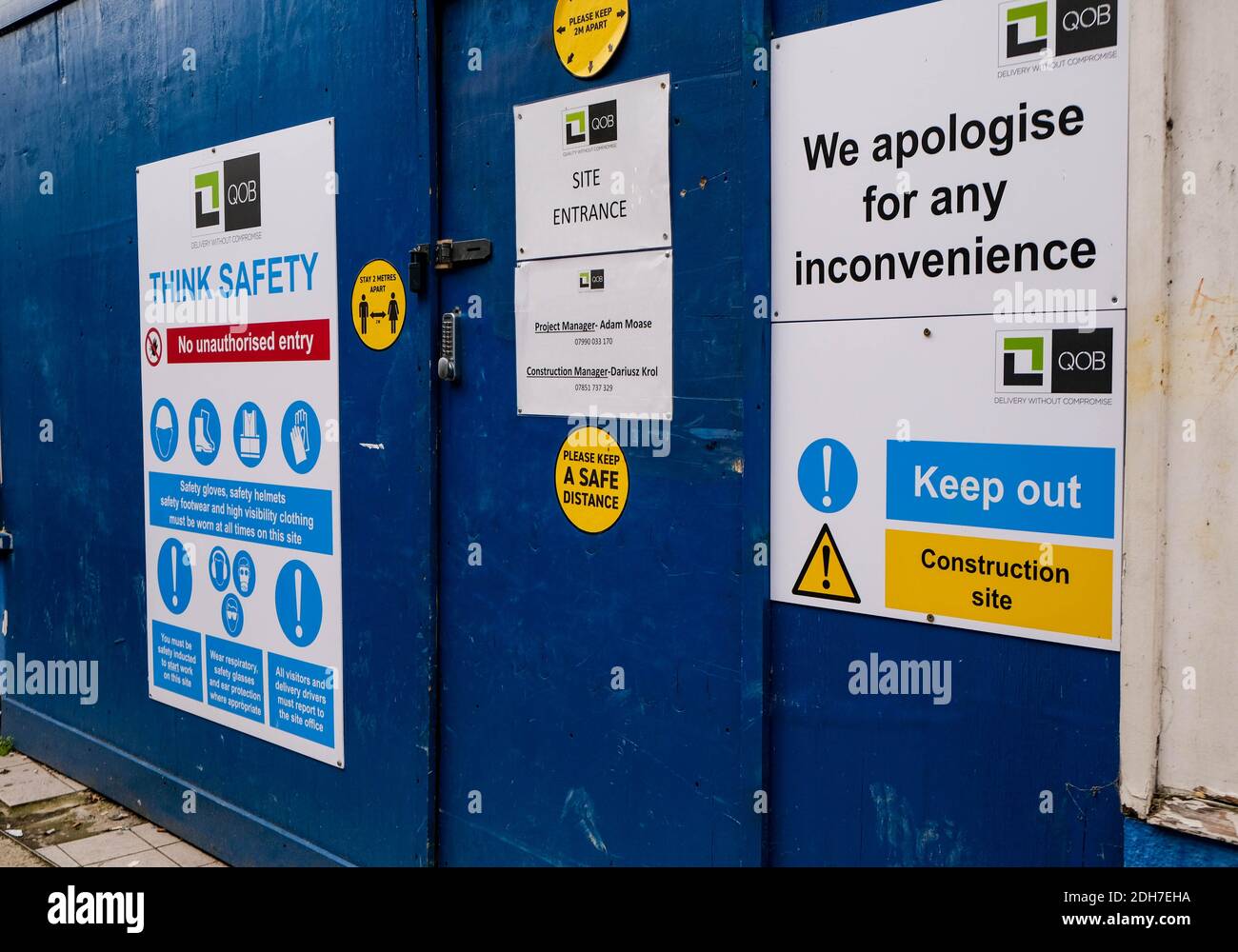 Kingston London, December 09 2020, Blue Security Fencing Displaying Building Site Safety