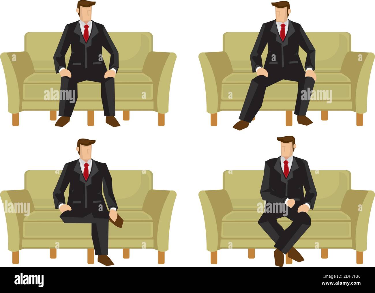 Set of business men in four sitting positions in sofa. Vector