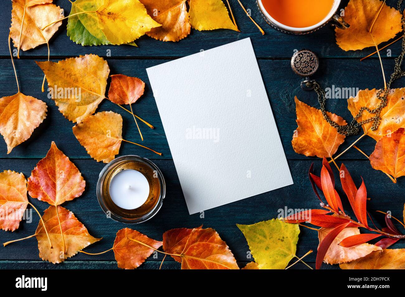 Autumn stationery mockup, a blank vertical A5 greeting card or invitation, shot from the top with a place for text Stock Photo