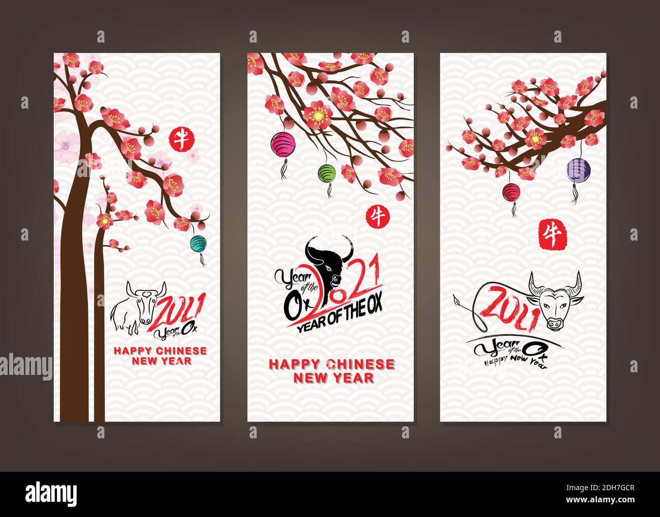 Set of Happy Chinese New Year 2021 vertical banners for social media