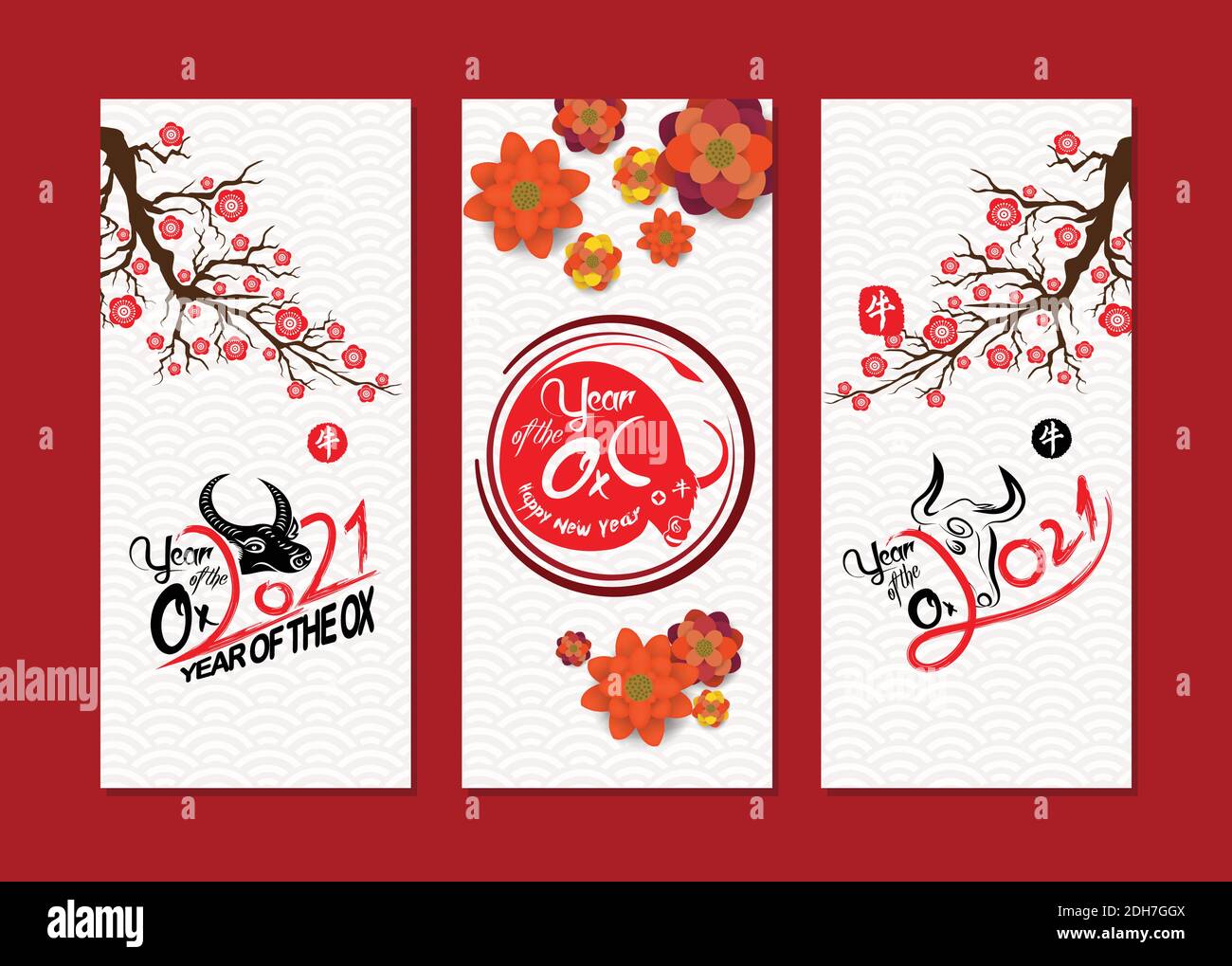 Set of Happy Chinese New Year 2021 vertical banners for social media