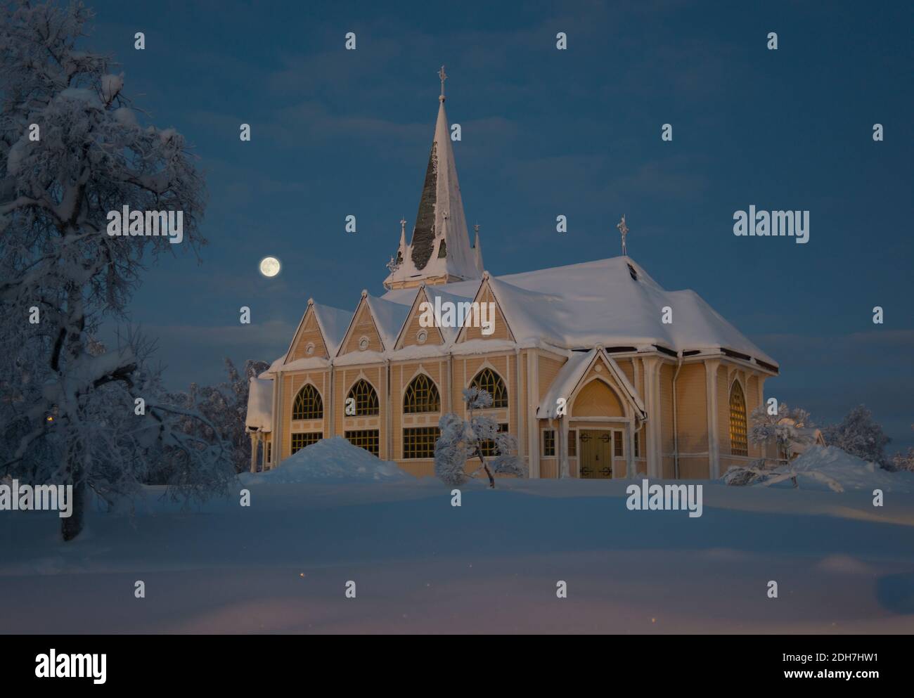 during winter in Lapland, Sweden, Norrbotten, Arvidsjaur church Stock Photo
