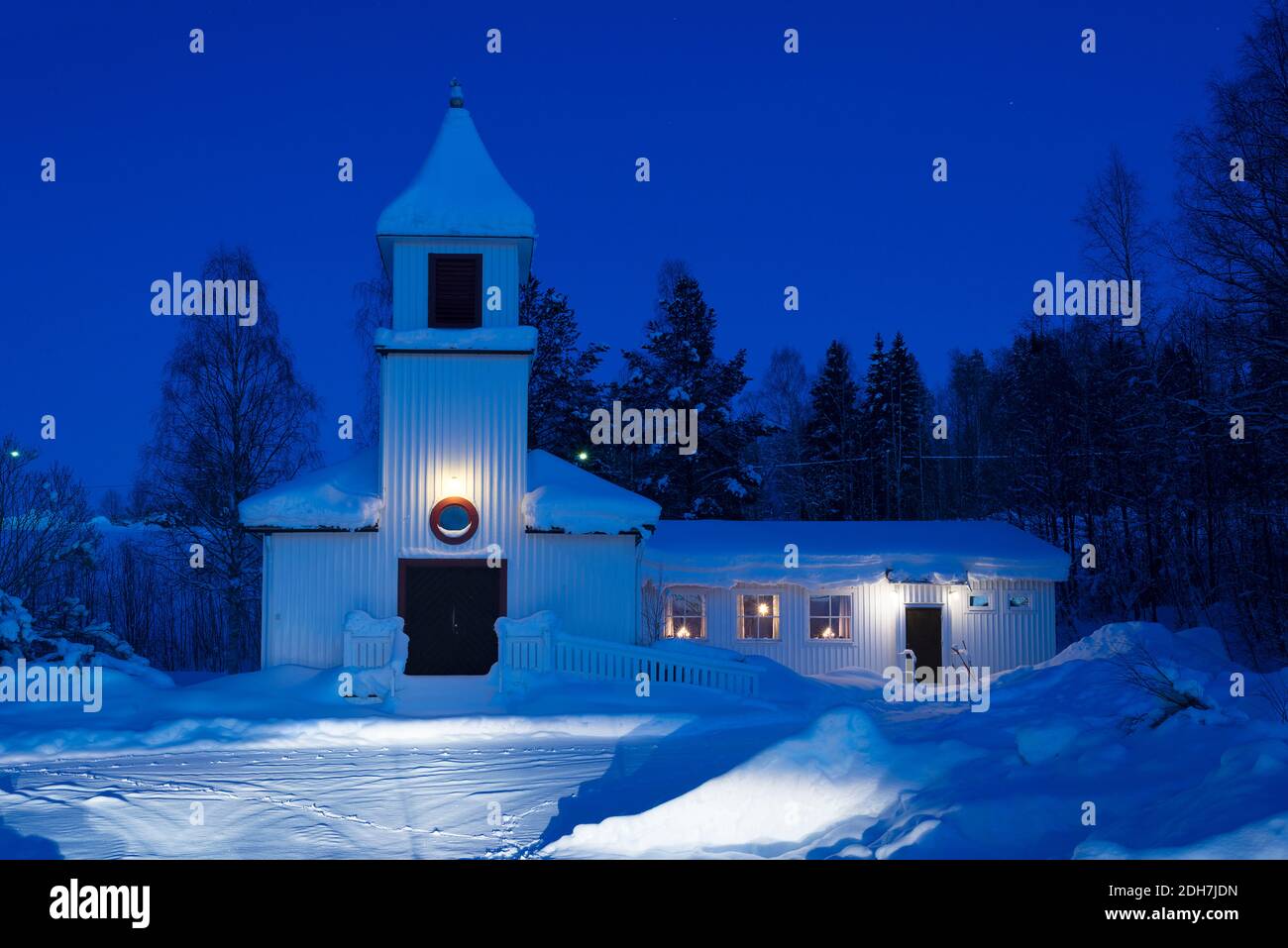 Petiknas church by night, during winter in Lapland, Sweden, Vasterbotten Stock Photo