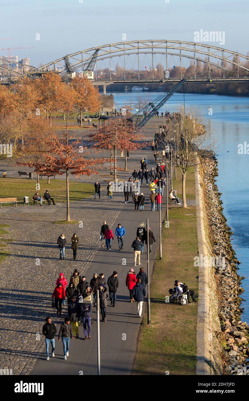 People walking along the Main river in Frankfurt am Main, Hesse, Germany. Stock Photo