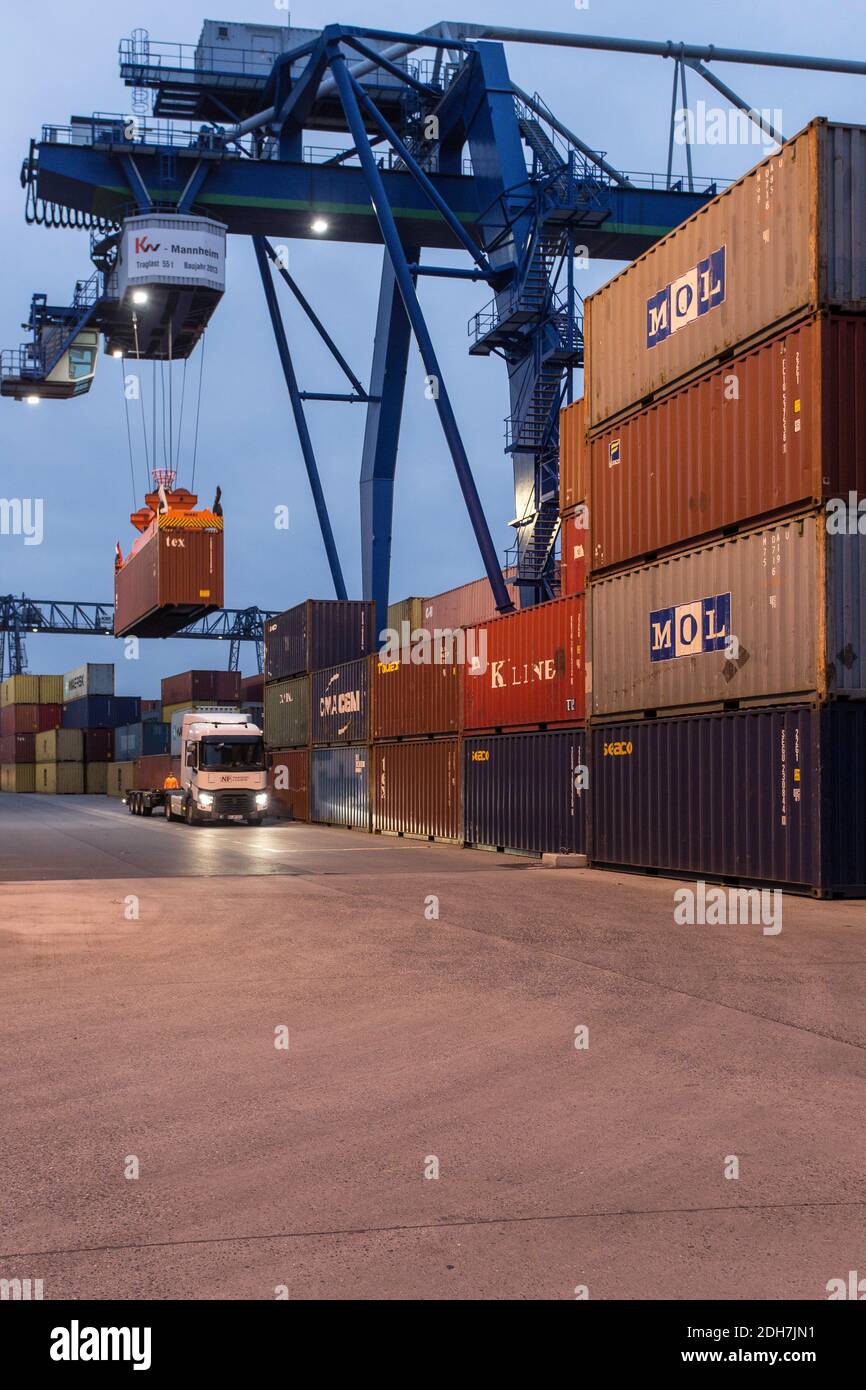 Container loading with a crane in Osthafen, Frankfurt am Main, Hesse , Germany Stock Photo