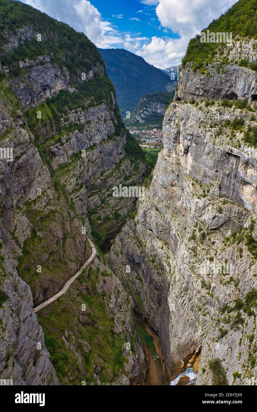 View of the Vajont valley in the dolomites mountains in Italy Stock Photo