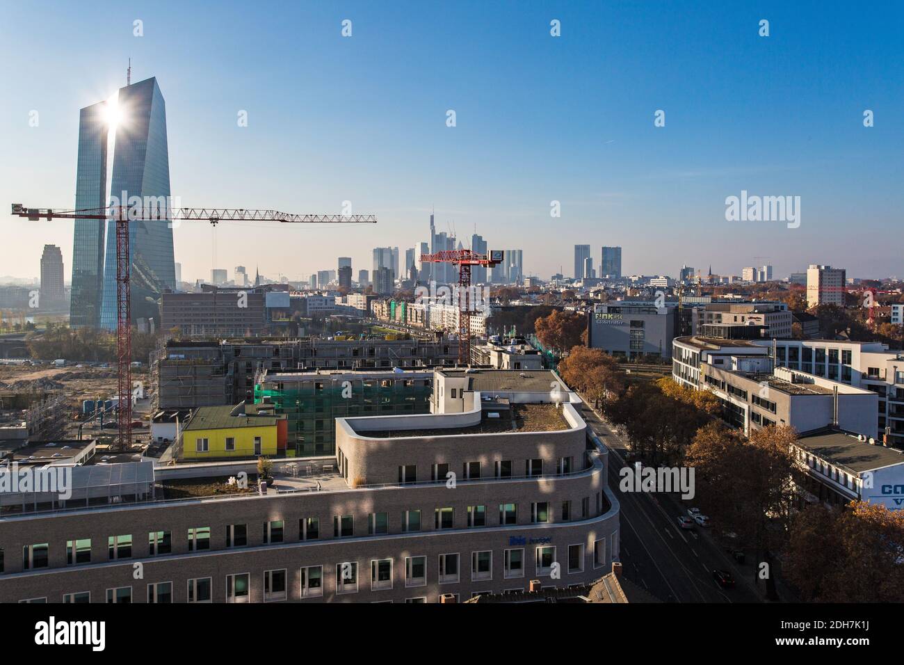 Aerial view of construction site and European Central Bank Tower with the Frankfurt Skyline In the background,Frankfurt am Main, Hesse, Germany Stock Photo