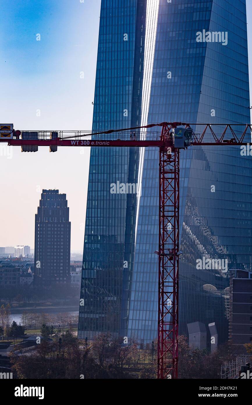 Aerial view of construction site and European Central Bank Tower with the Frankfurt Skyline In the background,Frankfurt am Main, Hesse, Germany Stock Photo