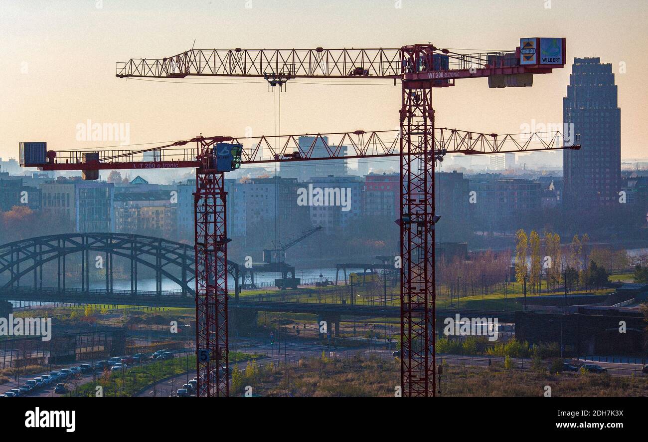 Construction site of new building near Main river in Frankfurt with the East Harbour in the background.Frankfurt am Main, Hesse, Germany. Stock Photo