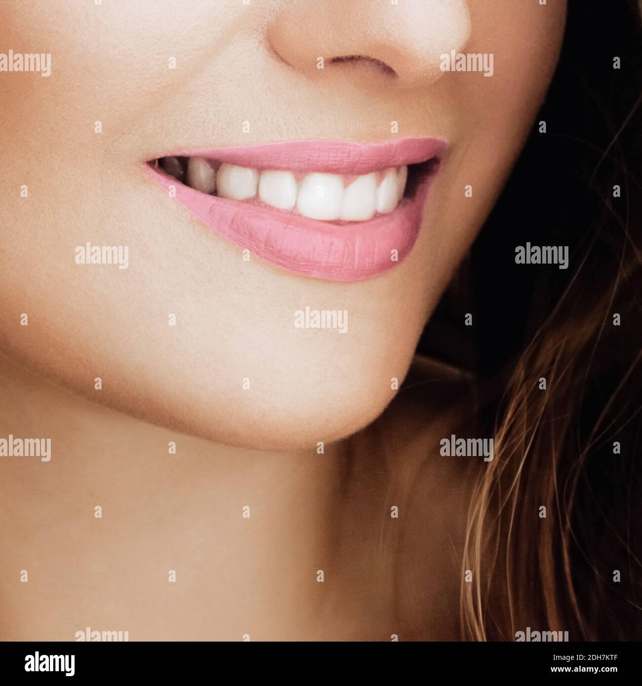 Beautiful healthy female smile with perfect natural white teeth, beauty face closeup of smiling young woman, bright lipstick mak Stock Photo