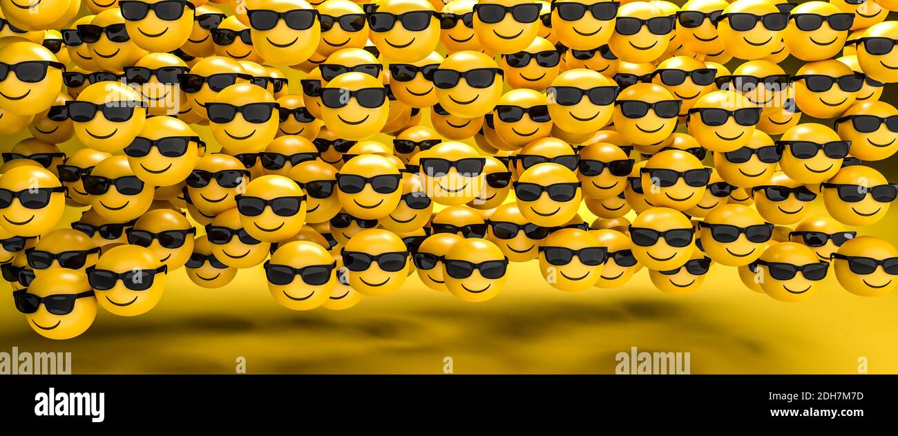 3d render of a large group of emoji smileys with a broad grin and sunglasses. Cool face. Web banner size. Stock Photo