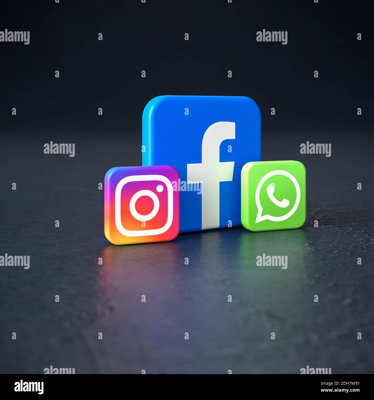 Logos of the Social Media companies Facebook, Instagram and Whatsapp. Instagram and Whatsapp belong to the Facebook group, that is why Facebook is bei Stock Photo