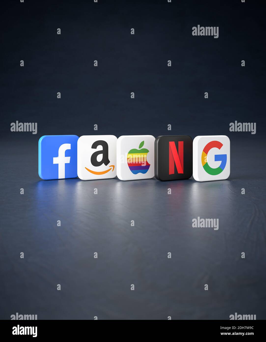 Logos of the so called FAANG shares on a dark background. The tech giants Facebook, Amazon, Apple, Netflix, Google / Alphabet. Stock Photo