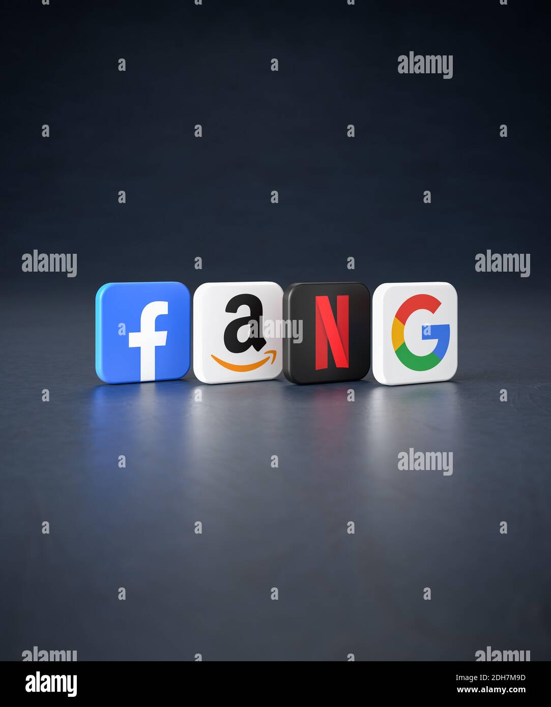 Logos of the so called FANG shares on a dark background. The tech giants Facebook, Amazon, Netflix, Google / Alphabet. Stock Photo