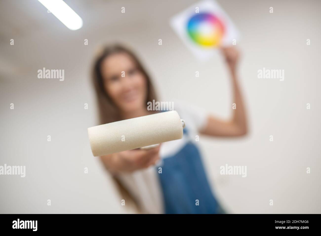 Young woman holding a color palette and a paint roller Stock Photo - Alamy