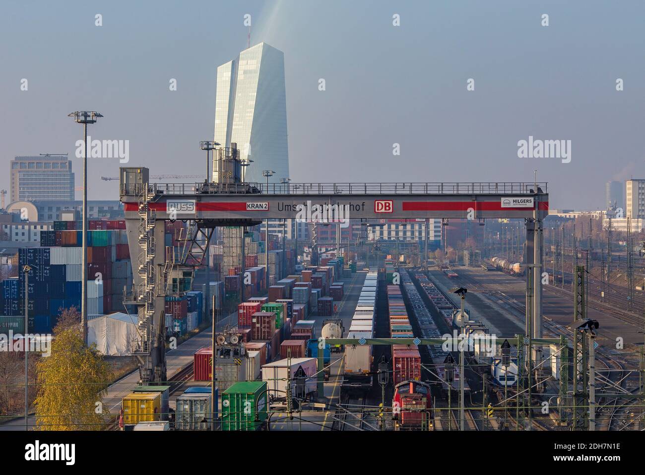 Frankfurt skyline seen from the Ostend cargo transfer train station, with freight containers in the foreground , Frankfurt am Main, Hessen, Germany. Stock Photo