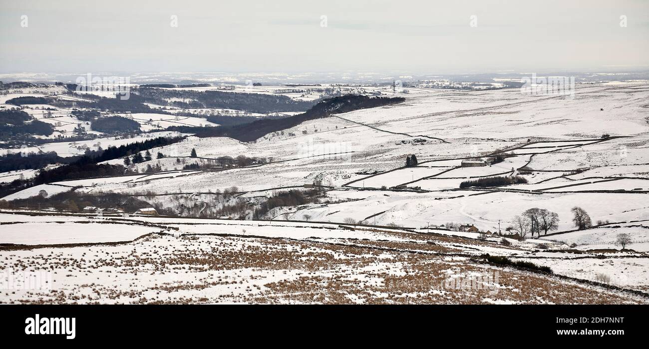 A hazy view in February and Nidderdale is left with a covering of snow Stock Photo
