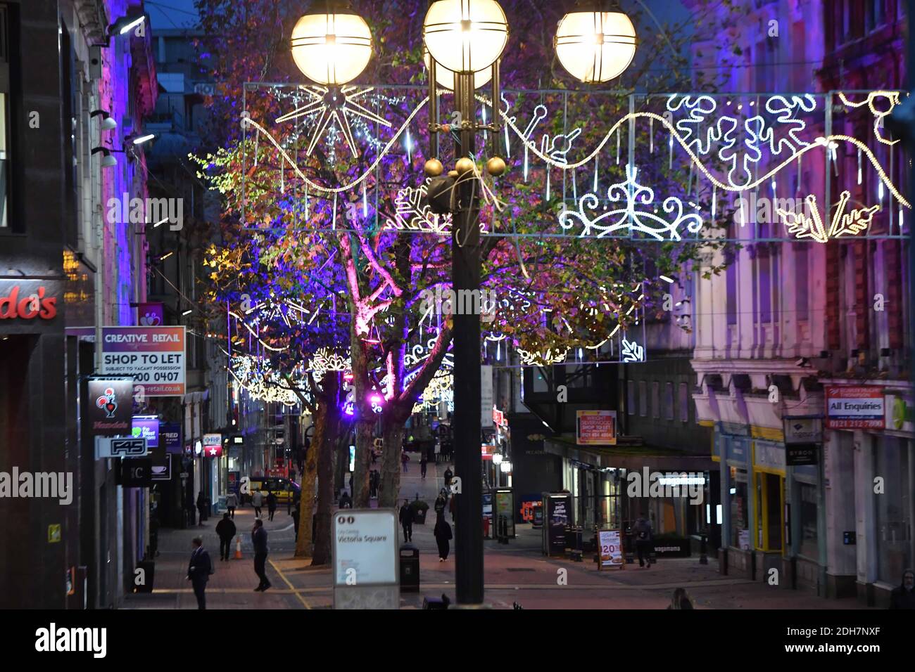 Pictured Birmingham Christmas lights are turned on for the up coming festive season in New Street and Victoria Square, Thursday 12th November 2020. Stock Photo