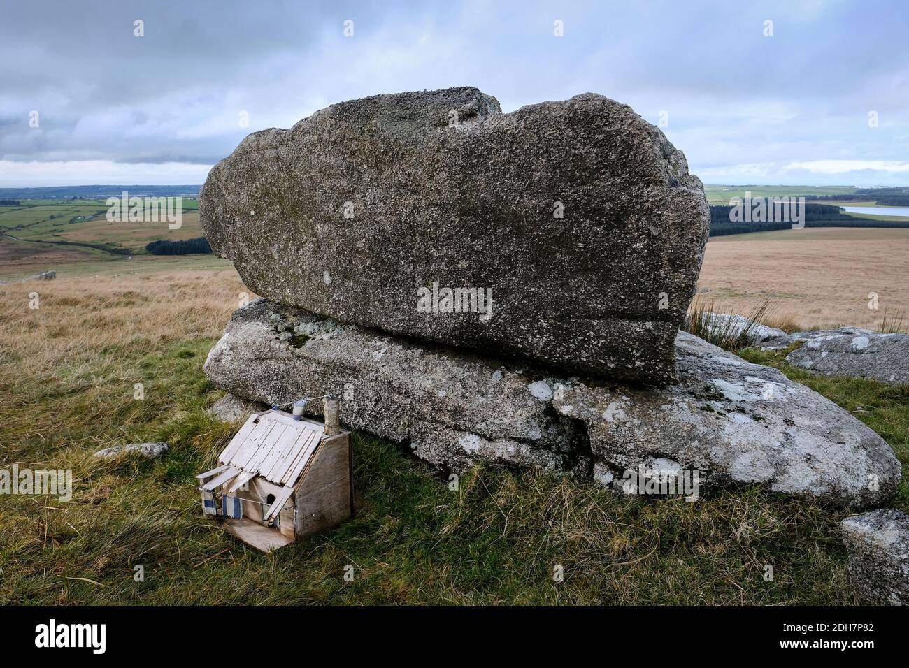 Two strange model shelters have appeared at the peak of Showery Tor near Rough Tor on Bodmin Moor.Thursday 12th November 2020. Stock Photo