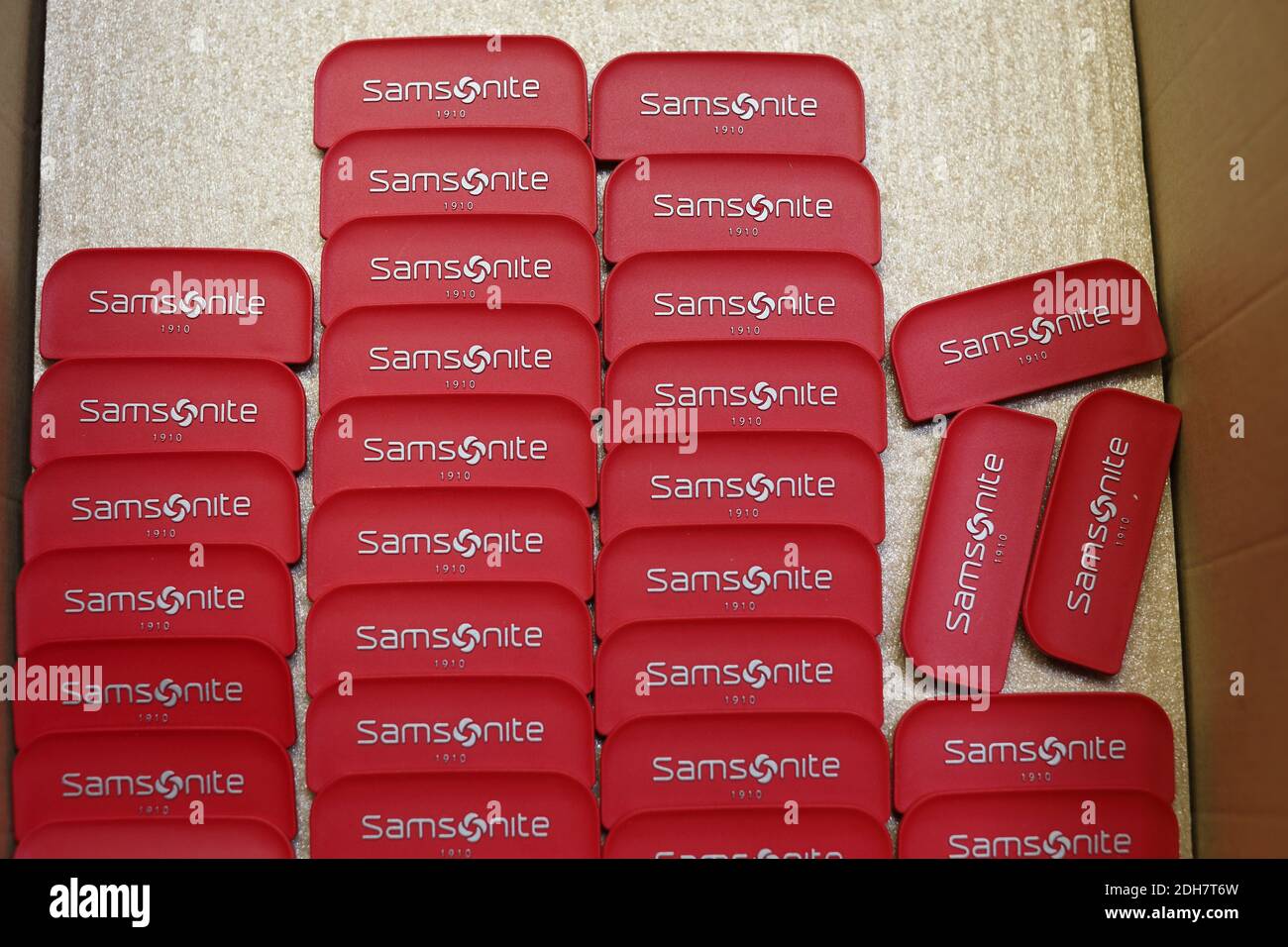 Samsonite labels on a production line in Oudenaarde, Belgium. Stock Photo