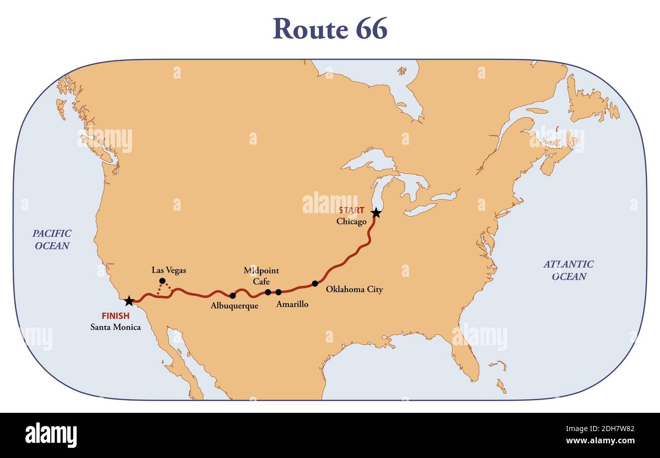 Map of historic Route 66 travel route across the United States Stock Photo  - Alamy