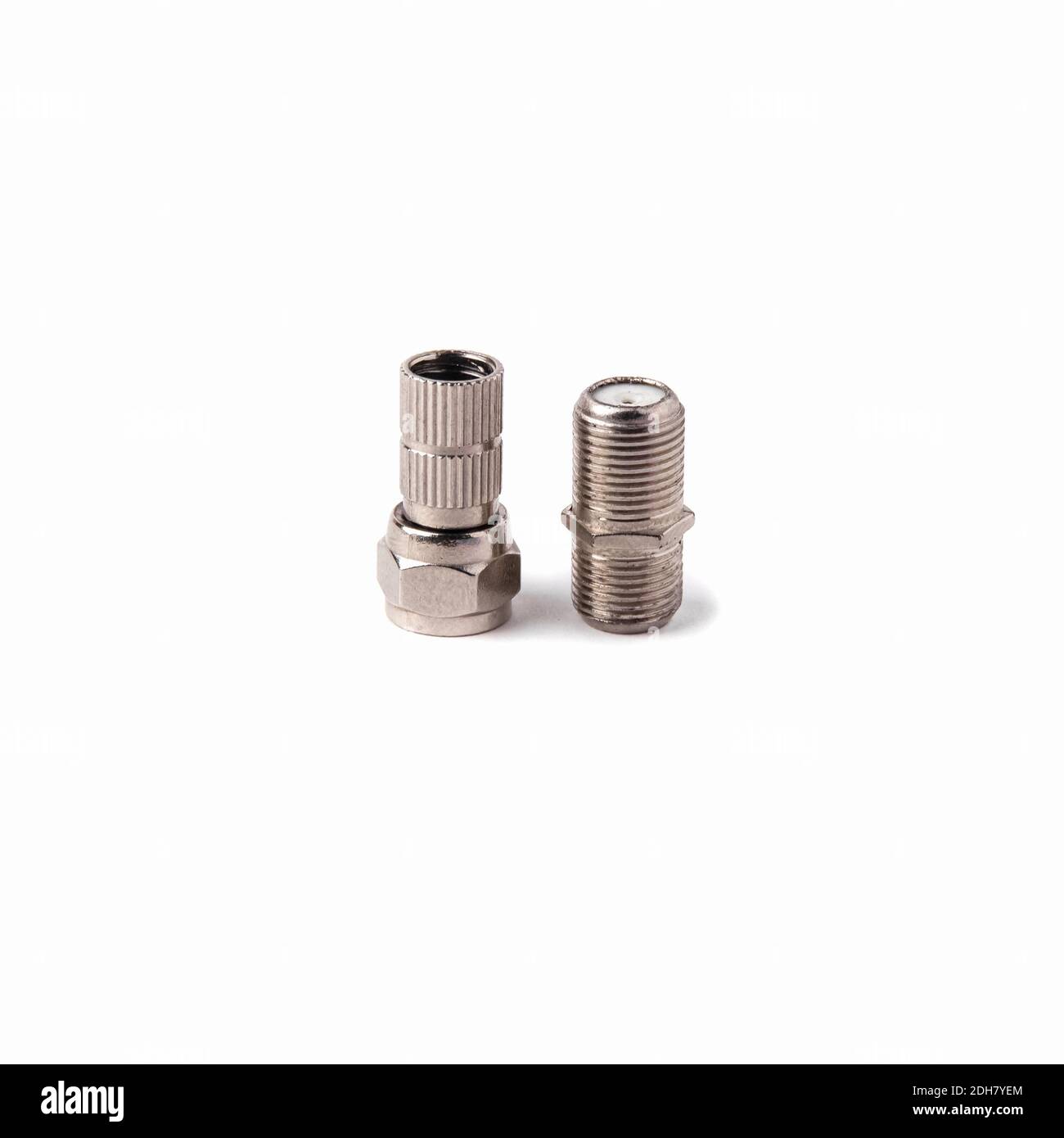 F-rg6 f-type side and f female connector isolated on white background ...