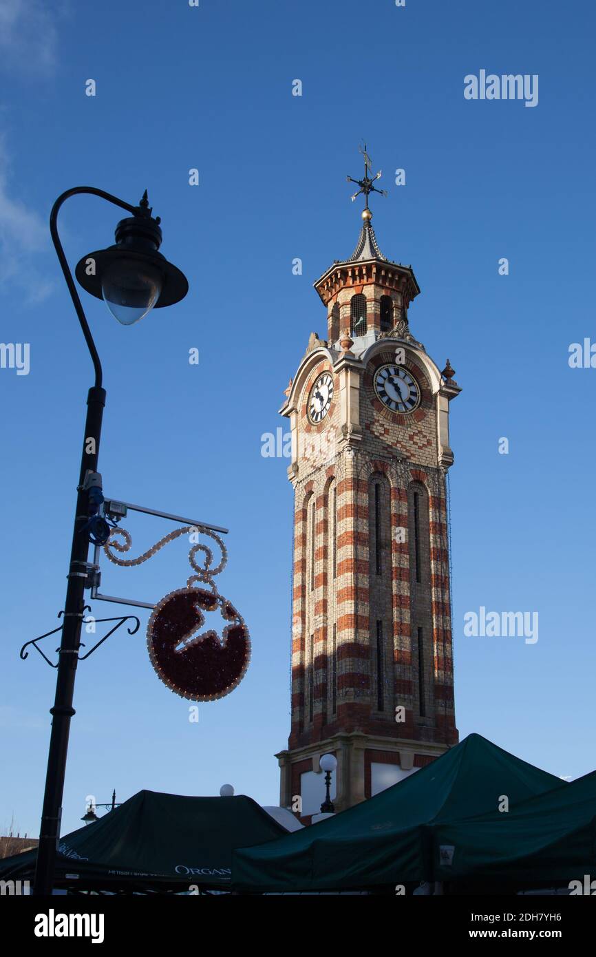 Epsom clock tower at Christmas in Epsom, Surrey, UK, December 2020